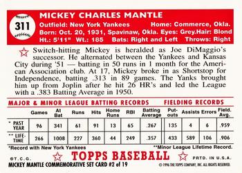 1996 Topps - Mickey Mantle Commemorative Reprints #2 Mickey Mantle Back