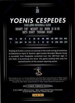2013 Pinnacle #39 Yoenis Cespedes Back