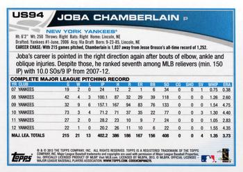 2013 Topps Update #US94 Joba Chamberlain Back