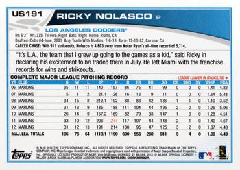 2013 Topps Update #US191 Ricky Nolasco Back