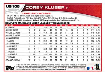 2013 Topps Update #US105 Corey Kluber Back