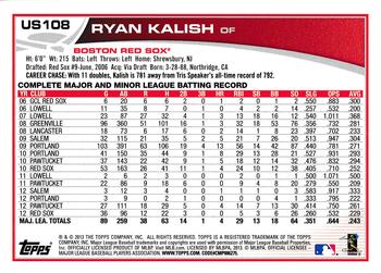 2013 Topps Update #US108 Ryan Kalish Back