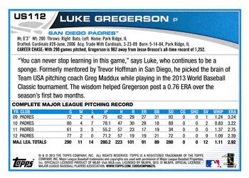 2013 Topps Update #US112 Luke Gregerson Back