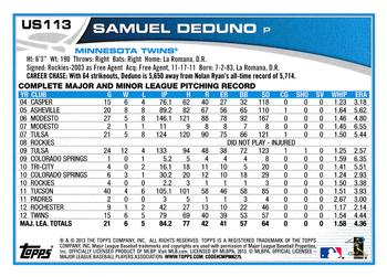 2013 Topps Update #US113 Samuel Deduno Back
