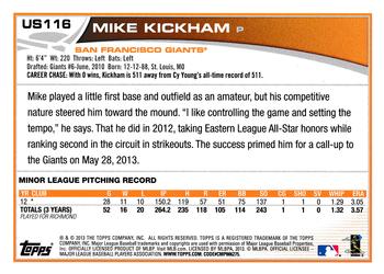 2013 Topps Update #US116 Mike Kickham Back