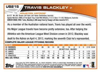2013 Topps Update #US215 Travis Blackley Back