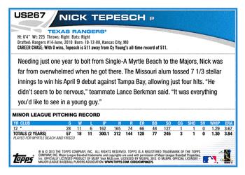 2013 Topps Update #US267 Nick Tepesch Back