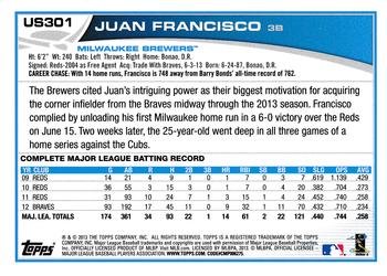 2013 Topps Update #US301 Juan Francisco Back