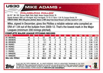 2013 Topps Update #US30 Mike Adams Back