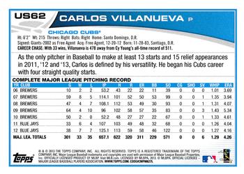 2013 Topps Update #US62 Carlos Villanueva Back