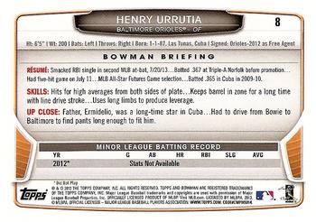 2013 Bowman Draft Picks & Prospects #8 Henry Urrutia Back