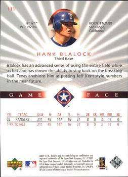 2003 Upper Deck Game Face #111 Hank Blalock Back