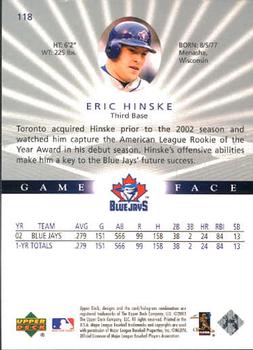 2003 Upper Deck Game Face #118 Eric Hinske Back