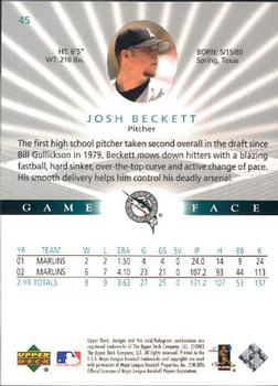 2003 Upper Deck Game Face #45 Josh Beckett Back