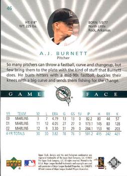 2003 Upper Deck Game Face #46 A.J. Burnett Back
