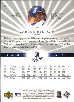2003 Upper Deck Game Face #52 Carlos Beltran Back