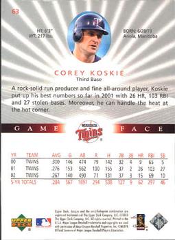 2003 Upper Deck Game Face #63 Corey Koskie Back