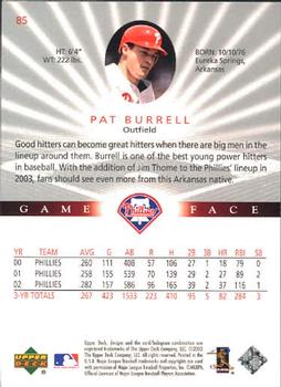 2003 Upper Deck Game Face #85 Pat Burrell Back