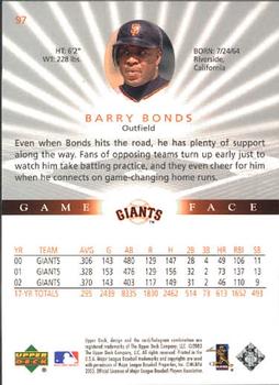 2003 Upper Deck Game Face #97 Barry Bonds Back