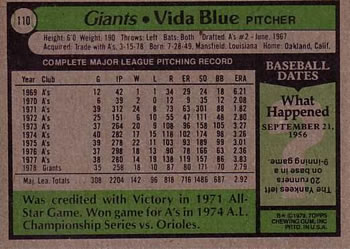 1979 Topps #110 Vida Blue Back