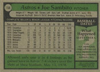 1979 Topps #158 Joe Sambito Back