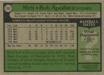 1979 Topps #197 Bob Apodaca Back