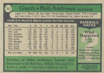 1979 Topps #34 Rob Andrews Back