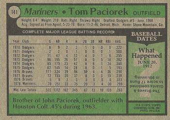 1979 Topps #141 Tom Paciorek Back