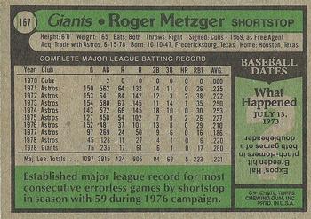 1979 Topps #167 Roger Metzger Back
