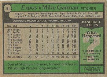 1979 Topps #181 Mike Garman Back