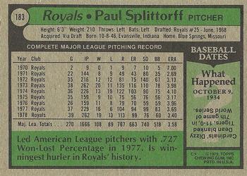 1979 Topps #183 Paul Splittorff Back