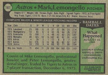 1979 Topps #187 Mark Lemongello Back