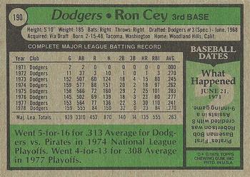 1979 Topps #190 Ron Cey Back