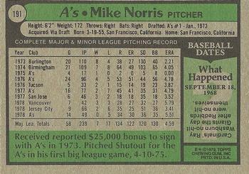 1979 Topps #191 Mike Norris Back