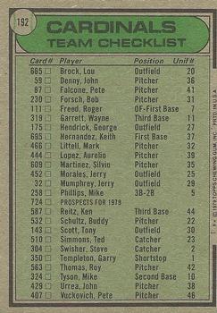 1979 Topps #192 St. Louis Cardinals / Ken Boyer Back