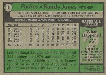 1979 Topps #194 Randy Jones Back