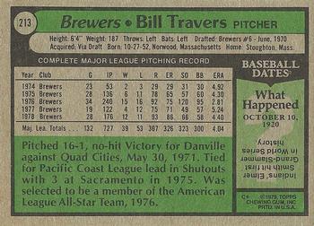 1979 Topps #213 Bill Travers Back