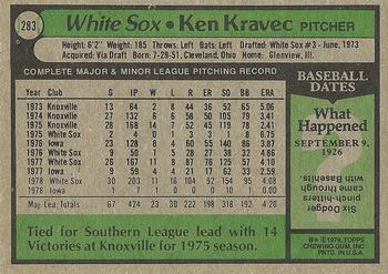1979 Topps #283 Ken Kravec Back