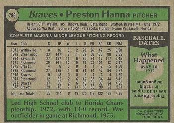 1979 Topps #296 Preston Hanna Back