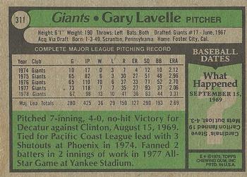 1979 Topps #311 Gary Lavelle Back