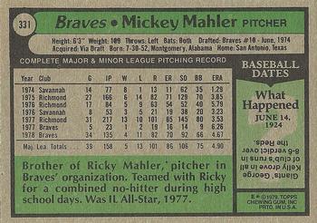 1979 Topps #331 Mickey Mahler Back