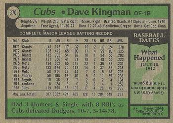 1979 Topps #370 Dave Kingman Back