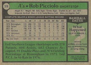 1979 Topps #378 Rob Picciolo Back