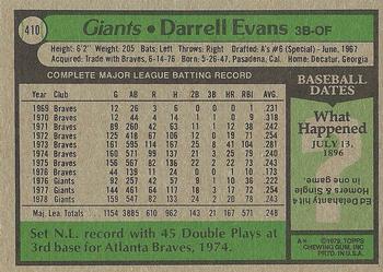 1979 Topps #410 Darrell Evans Back