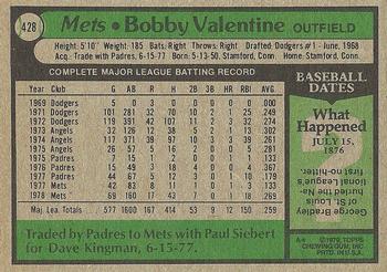 1979 Topps #428 Bobby Valentine Back