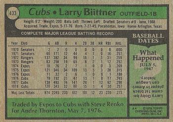 1979 Topps #433 Larry Biittner Back