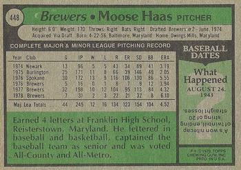 1979 Topps #448 Moose Haas Back