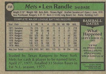 1979 Topps #454 Len Randle Back