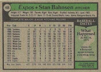 1979 Topps #468 Stan Bahnsen Back
