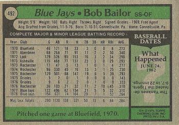1979 Topps #492 Bob Bailor Back